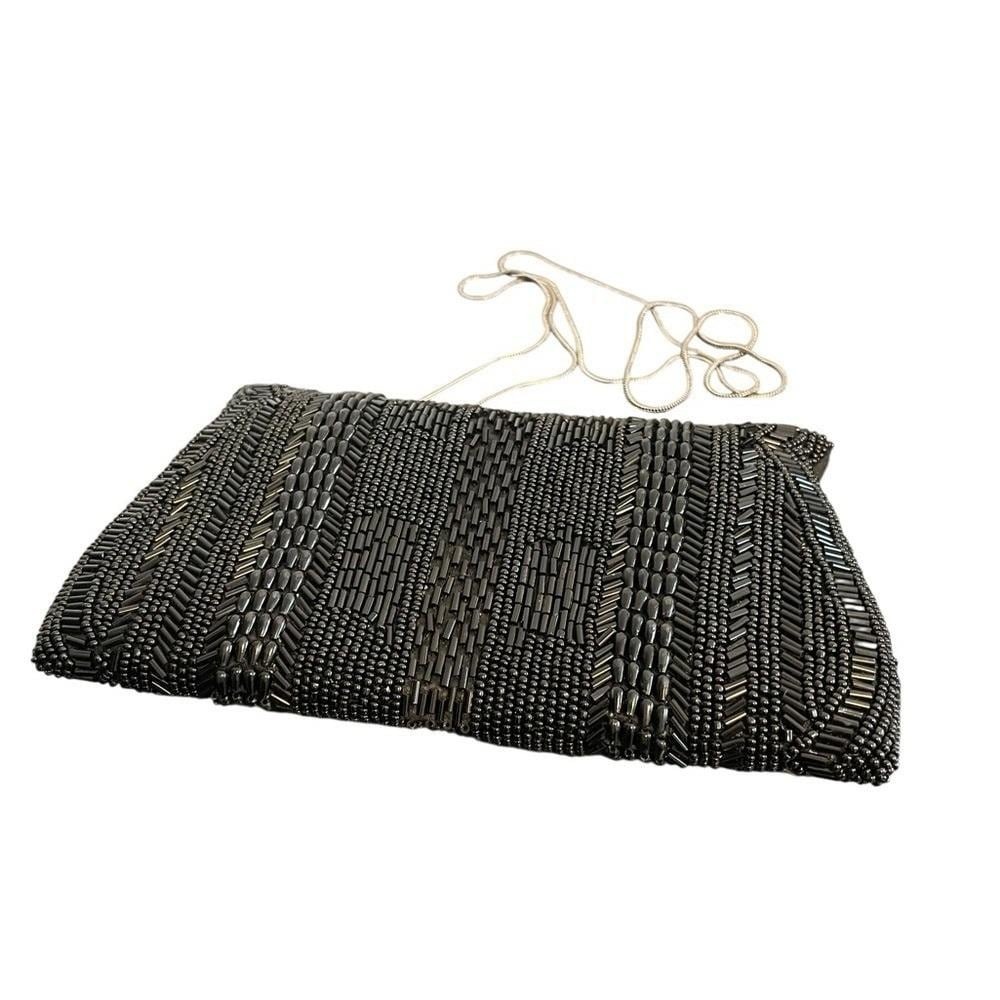 Mary Frances Black Beaded Evening Clutch Bag Silver Snake Chain Strap Art Deco - Picture 3 of 4